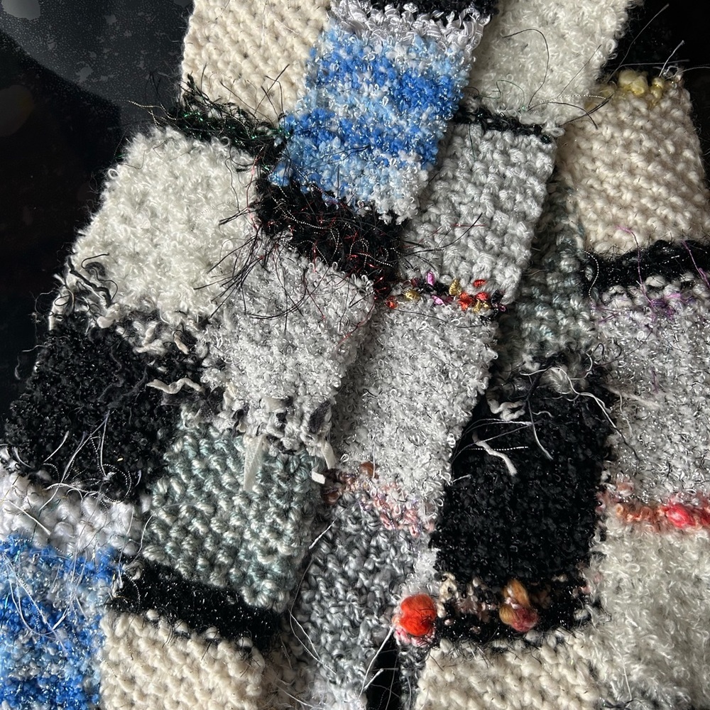 Elegant Patchwork Scarf in Black, White, and Blue